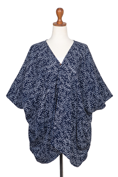 Rayon batik kimono jacket, 'Many Leaves' - Batik Rayon Kimono Jacket in Midnight and White from Bali
