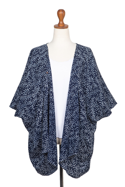 Rayon batik kimono jacket, 'Many Leaves' - Batik Rayon Kimono Jacket in Midnight and White from Bali
