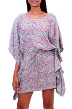 Rayon batik caftan, 'Gingko Leaf' - Batik Rayon Caftan in Mint and Magenta from Bali