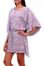 Rayon batik caftan, 'Gingko Leaf' - Batik Rayon Caftan in Mint and Magenta from Bali