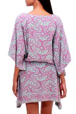 Rayon batik caftan, 'Gingko Leaf' - Batik Rayon Caftan in Mint and Magenta from Bali