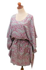 Rayon batik caftan, 'Gingko Leaf' - Batik Rayon Caftan in Mint and Magenta from Bali