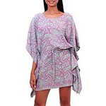 Rayon batik caftan, 'Gingko Leaf' - Batik Rayon Caftan in Mint and Magenta from Bali
