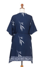Rayon batik caftan, 'Midnight Fall' - Batik Rayon Caftan in Midnight and White from Bali