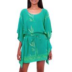 Rayon batik caftan, 'Balinese Breeze in Turquoise' - Batik Rayon caftan in Turquoise and Lemon