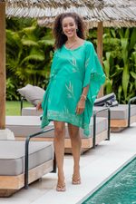 Rayon batik caftan, 'Balinese Breeze in Turquoise' - Batik Rayon caftan in Turquoise and Lemon