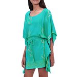 Rayon batik caftan, 'Balinese Breeze in Turquoise' - Batik Rayon caftan in Turquoise and Lemon