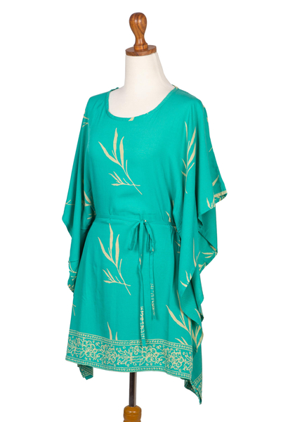 Rayon batik caftan, 'Balinese Breeze in Turquoise' - Batik Rayon caftan in Turquoise and Lemon