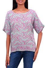 Rayon batik shirt, 'Gingko Leaf' - Batik Rayon Shirt in Mint and Magenta from Bali