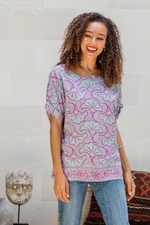 Rayon batik shirt, 'Gingko Leaf' - Batik Rayon Shirt in Mint and Magenta from Bali