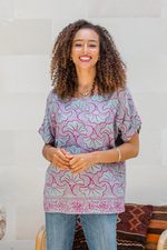 Rayon batik shirt, 'Gingko Leaf' - Batik Rayon Shirt in Mint and Magenta from Bali