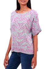 Rayon batik shirt, 'Gingko Leaf' - Batik Rayon Shirt in Mint and Magenta from Bali
