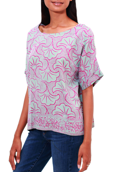 Rayon batik shirt, 'Gingko Leaf' - Batik Rayon Shirt in Mint and Magenta from Bali