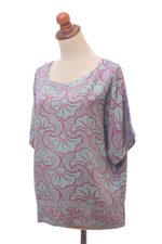 Rayon batik shirt, 'Gingko Leaf' - Batik Rayon Shirt in Mint and Magenta from Bali