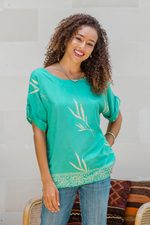Rayon batik blouse, 'Balinese Breeze in Turquoise' - Batik Rayon Blouse in Turquoise and Lemon from Bali