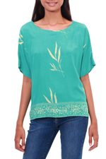 Rayon batik blouse, 'Balinese Breeze in Turquoise' - Batik Rayon Blouse in Turquoise and Lemon from Bali