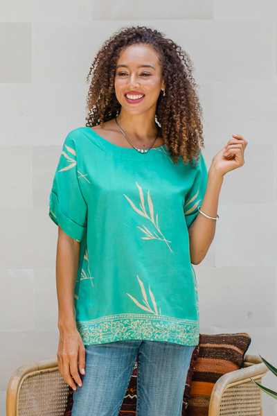Rayon batik blouse, 'Balinese Breeze in Turquoise' - Batik Rayon Blouse in Turquoise and Lemon from Bali