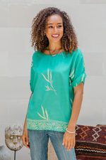 Rayon batik blouse, 'Balinese Breeze in Turquoise' - Batik Rayon Blouse in Turquoise and Lemon from Bali
