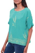 Rayon batik blouse, 'Balinese Breeze in Turquoise' - Batik Rayon Blouse in Turquoise and Lemon from Bali