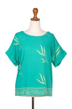Rayon batik blouse, 'Balinese Breeze in Turquoise' - Batik Rayon Blouse in Turquoise and Lemon from Bali