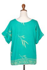 Rayon batik blouse, 'Balinese Breeze in Turquoise' - Batik Rayon Blouse in Turquoise and Lemon from Bali