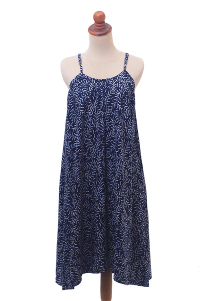Batik Rayon Sundress in Midnight and White from Bali - Many Leaves | NOVICA