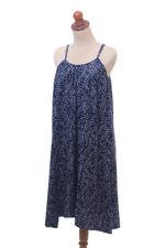 Rayon batik sundress, 'Many Leaves' - Batik Rayon Sundress in Midnight and White from Bali