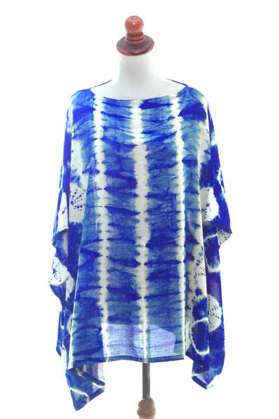 Tie-dyed rayon caftan, 'Hapsari Beauty' - Striped Tie-Dyed Rayon Caftan in Indigo from Java