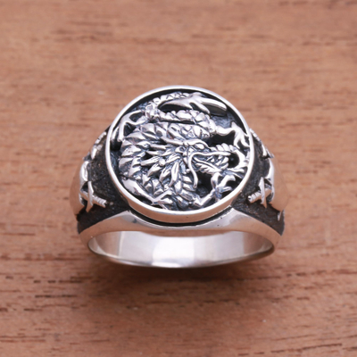 Sterling silver signet ring, 'Bali Naga' - Sterling Silver Dragon Signet Ring from Bali