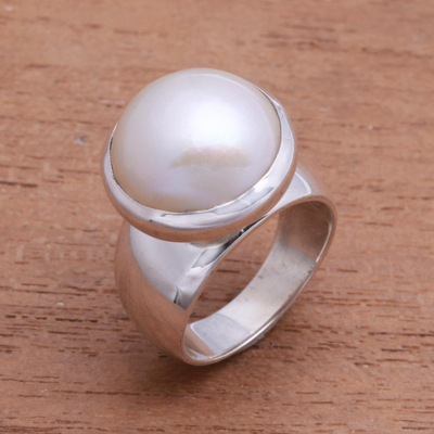 Cultured pearl cocktail ring, 'Gleaming Dome' - Gleaming Cultured Pearl Cocktail Ring from Bali