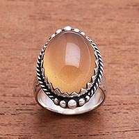 Agate single-stone ring, 'Sunny Oval' - Oval Yellow Agate Single-Stone Ring from Bali