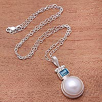 Cultured pearl and blue topaz pendant necklace, Daylight Blue
