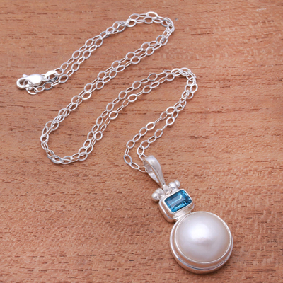 Cultured pearl and blue topaz pendant necklace, Daylight Blue
