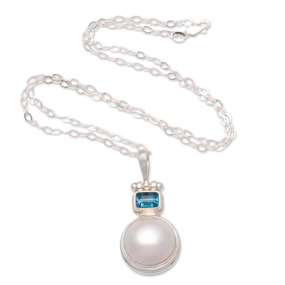 Cultured pearl and blue topaz pendant necklace, 'Daylight Blue' - Cultured Pearl and Blue Topaz Pendant Necklace from Bali