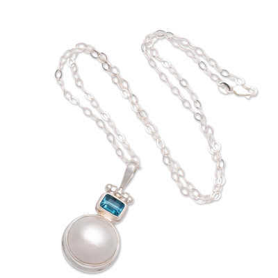 Cultured pearl and blue topaz pendant necklace, 'Daylight Blue' - Cultured Pearl and Blue Topaz Pendant Necklace from Bali
