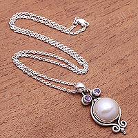 Cultured pearl and amethyst pendant necklace, 'Impressive Stars' - Cultured Pearl and Amethyst Pendant Necklace from Bali