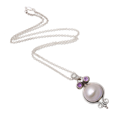 Cultured pearl and amethyst pendant necklace, 'Impressive Stars' - Cultured Pearl and Amethyst Pendant Necklace from Bali