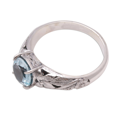 Blue topaz single-stone ring, 'Floral Glint' - Floral Blue Topaz Single-Stone Ring from Bali