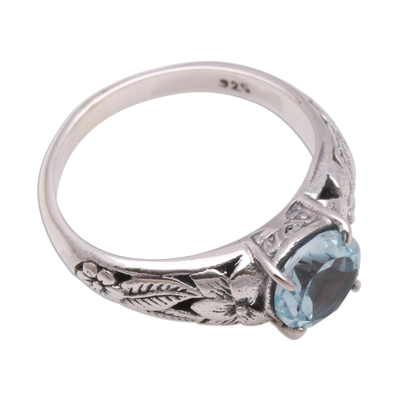 Blue topaz single-stone ring, 'Floral Glint' - Floral Blue Topaz Single-Stone Ring from Bali