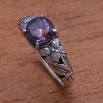 Amethyst single-stone ring, 'Floral Glint' - Floral Amethyst Single-Stone Ring from Bali