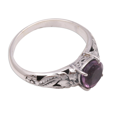 Amethyst single-stone ring, 'Floral Glint' - Floral Amethyst Single-Stone Ring from Bali