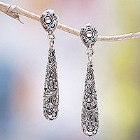 Sterling silver dangle earrings, 'Drops from the Garden' - Drop-Shaped Floral Sterling Silver Dangle Earrings from Bali