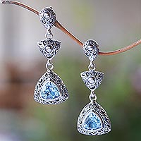 Blue topaz dangle earrings, 'Triangles of Swirls'