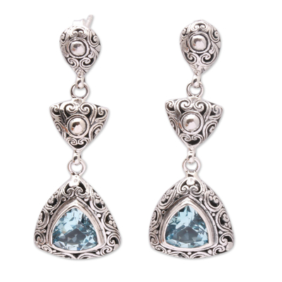 Blue topaz dangle earrings, 'Triangles of Swirls' - Triangular Blue Topaz Dangle Earrings from Bali