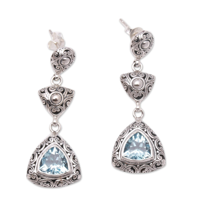 Blue topaz dangle earrings, 'Triangles of Swirls' - Triangular Blue Topaz Dangle Earrings from Bali