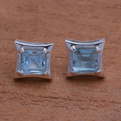 Blue topaz stud earrings, 'Elegance of Squares' - Square Blue Topaz Stud Earrings Crafted in Bali