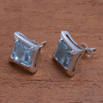 Blue topaz stud earrings, 'Elegance of Squares' - Square Blue Topaz Stud Earrings Crafted in Bali