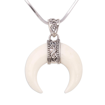 Cow bone pendant necklace, 'Moonlight Glory' - Cow Bone Crescent Pendant on Sterling Silver Chain Necklace