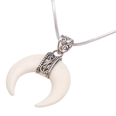 Cow bone pendant necklace, 'Moonlight Glory' - Cow Bone Crescent Pendant on Sterling Silver Chain Necklace