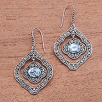 Blue topaz dangle earrings, 'Delightful Windows' - Blue Topaz and Sterling Silver Ornate Frame Dangle Earrings